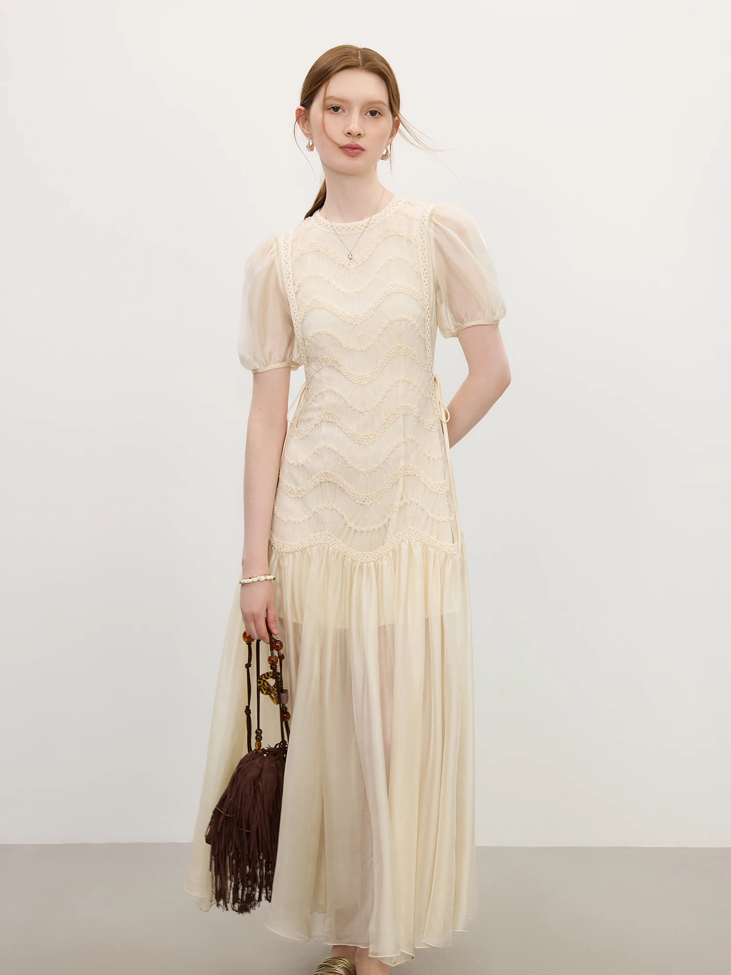 FSLE 2025 Summer Women's Mesh Embroidery Dress Hollow Out Splicing Bubble Sleeves Waist Tie Y2K Trendy Boho Chic 25FS12832 3