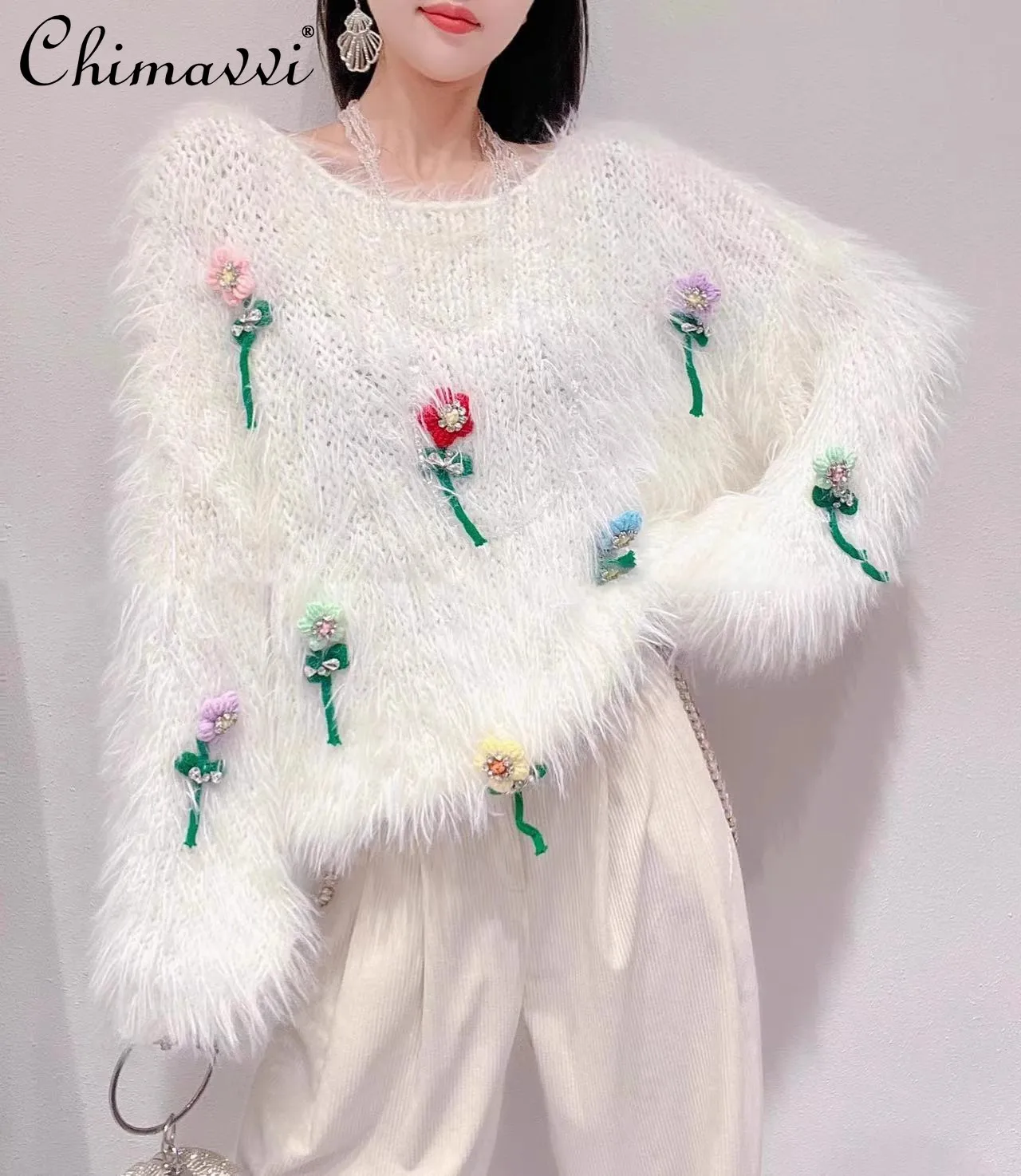 

Sweet Sweater Women's Autumn Winter New Korean Fashion Sweet Heavy Rhinestone Flower Mink Fur Loose Slim Pullovers Ladies Top