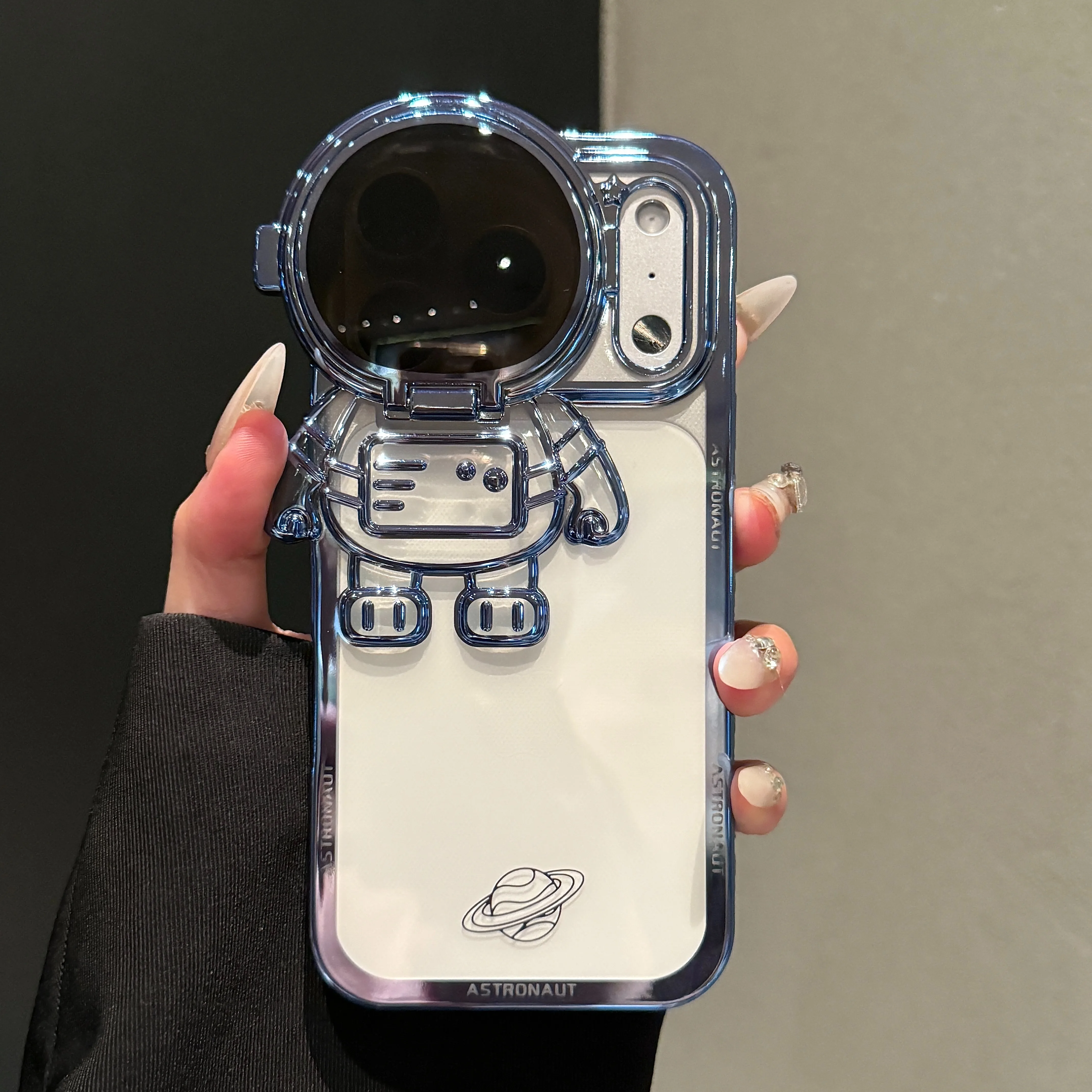 Cosmic Cartoon Electroplated Phone Case with Camera Protection and Built-in Stand