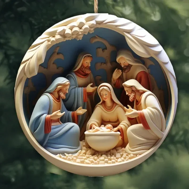 Nativity Christmas Pendants Acrylic Flat Painted Hanging Decoration Ornament Xmas Tree Figure for Home Decor Party Supplies