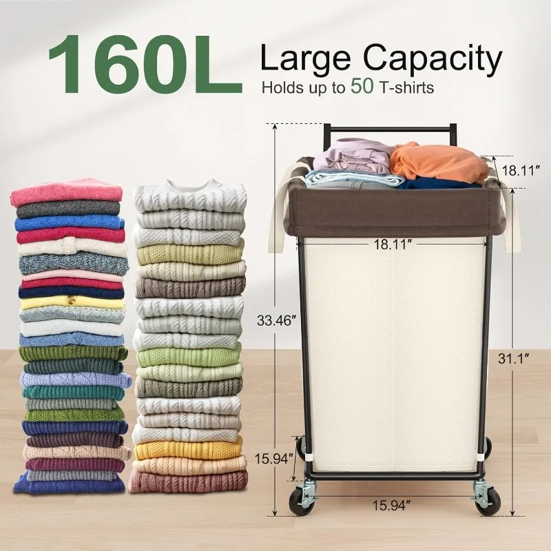Laundry Basket with Wheels and Handle, 160L Large Rolling Laundry Basket 2 Section Hamper with Wheels
