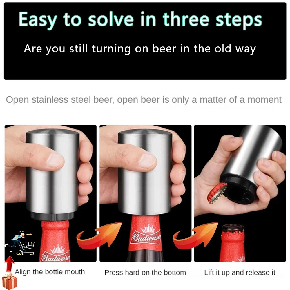 1/2Pcs Automatic Beer Bottle Opener Stainless Steel Push Down Opener for Magnet Beer Soda Cap Bar Party Kitchen Accessories 4
