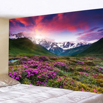 Tapisserie de paysage de fleurs, coucher de soleil, montagne, paysage naturel, affiches de jardin pour l'extérieur, grande tenture murale, décoration de chambre à coucher, couverture 1