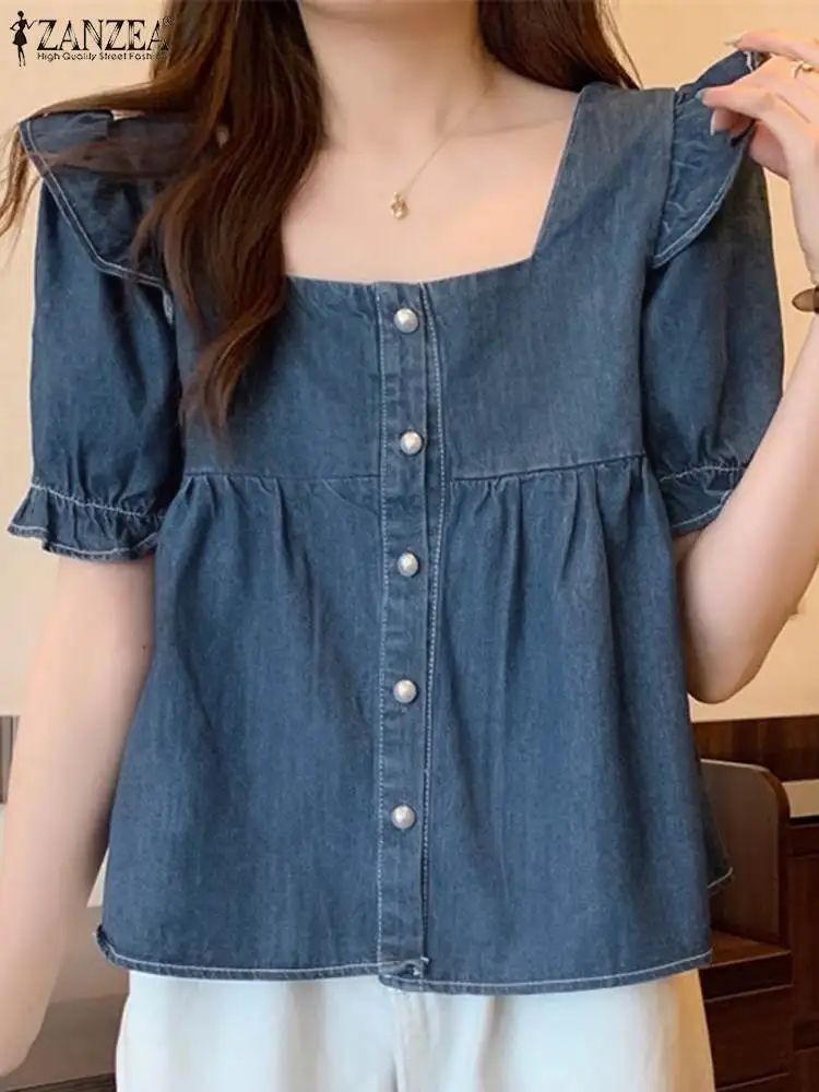 

Корейская женская джинсовая рубашка ZANZEA, милая блузка с короткими рукавами и оборками, винтажные укороченные топы с квадратным вырезом, Летние Плиссированные Блузы 2024