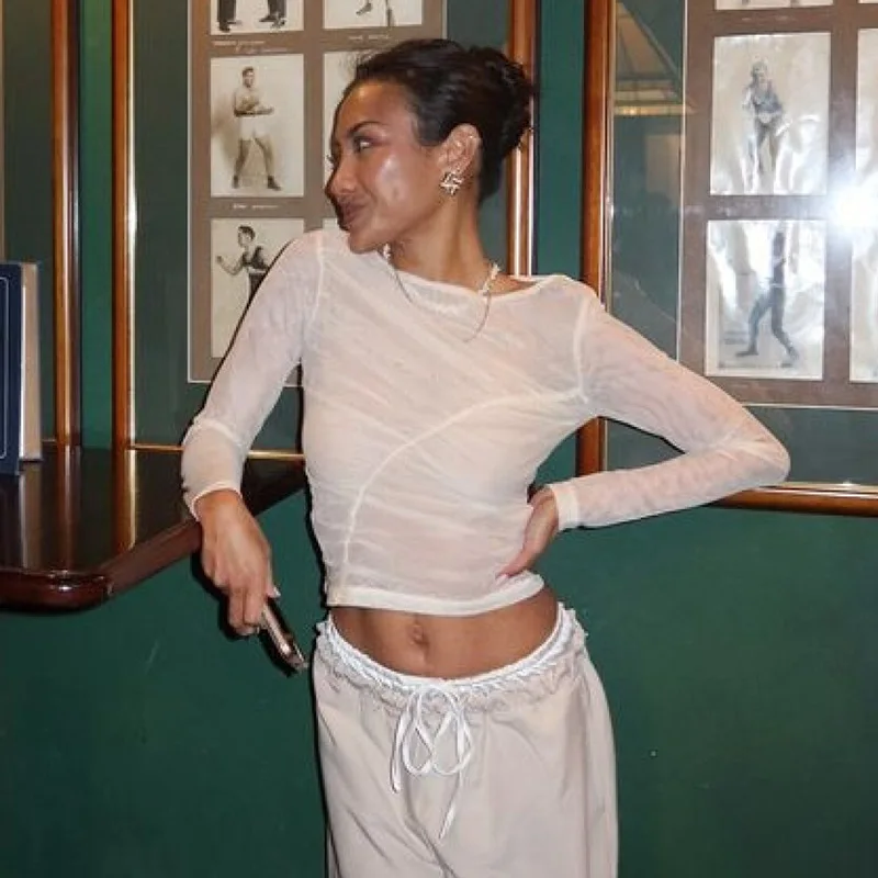 Summer See-Through Mesh T-shirt Top Women Pleated Patchwork See-Through Slim Cropped Top Tee Female Solid T-shirt Pullover