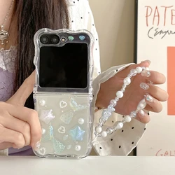 Glitter Heart Pearl Bracelet Wrist Chain Soft Cover with Butterfly and Star Design for Samsung Z Flip 5 (YWChain)