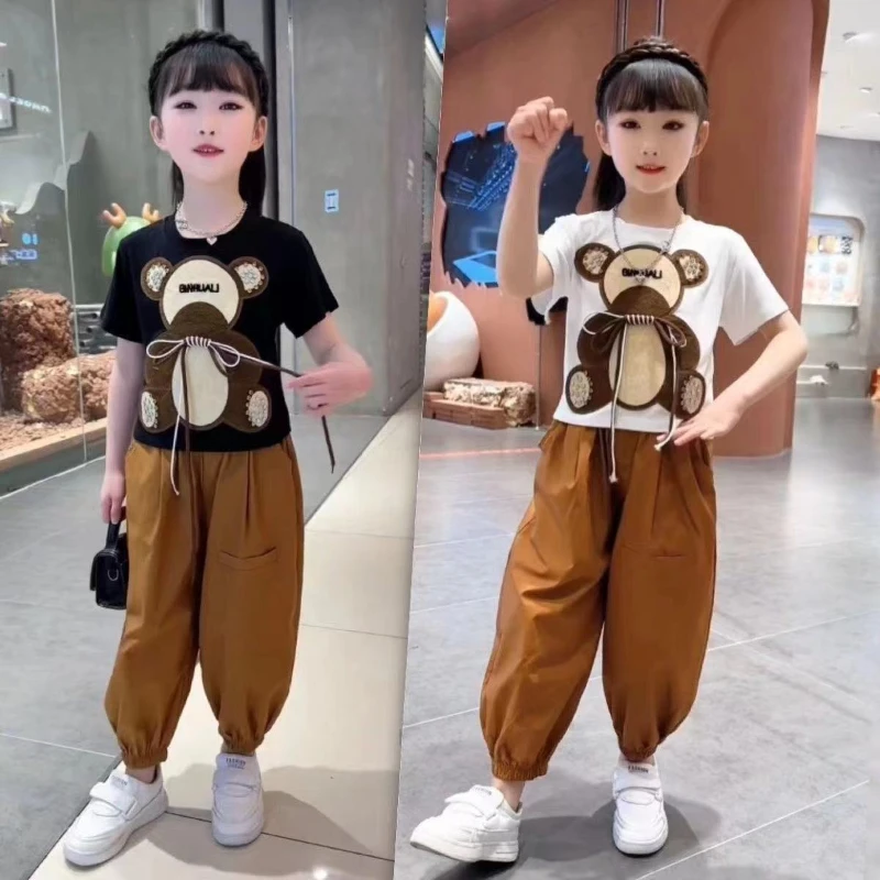

Girls' Suit Summer New Girls' Cartoon Bear Short-sleeved T-shirt + Loose Leg Trousers Sports Two-piece Set Girls Clothes