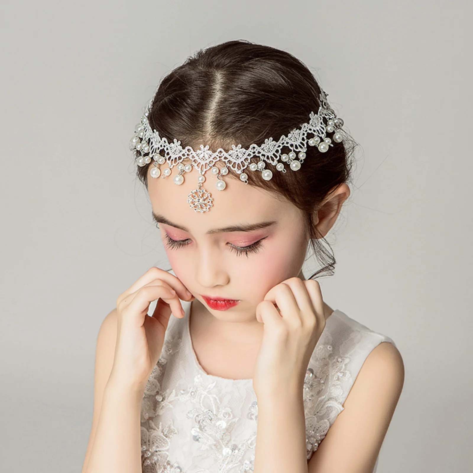 1PC Kids' Lace Pearl Headband, Elegant Rhinestone - Decor Tiara, Perfect for Girls' Party & Wedding Looks