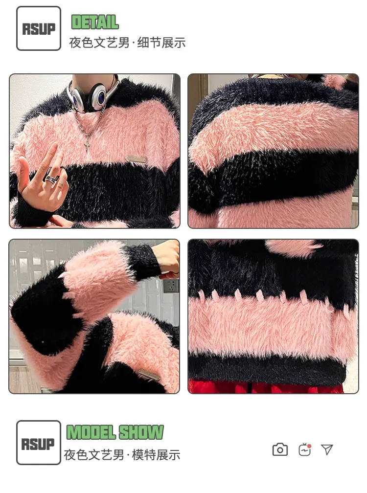 Description Picture 4 of itemNew Arrival Men Sweater Autumn and Winter Soft Warm Striped Contrast Color Pullover Round-Neck Knitted Warm Sweaters D64