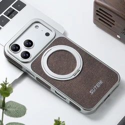 Leather Magnetic Phone Case with 360° Rotating Stand & Wireless Charging Compatibility - iPhone 15 (Brown)