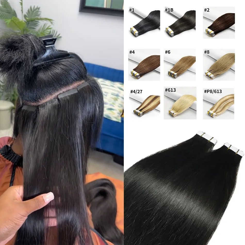 Silky Straight Tape In Human Hair Extensions Natural Hair Extensions 1B 100% Remy Skin Weft Adhesive Glue On For Salon Quality