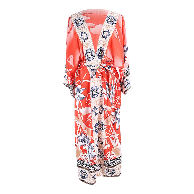 100% Cotton Bikini Cover-ups Pink Boho Print Self Belted Front Open Long Kimono Dress Beach Tunic Women Swim Suit Cover Up 2001 bathing suit and cover up set Cover-Ups
