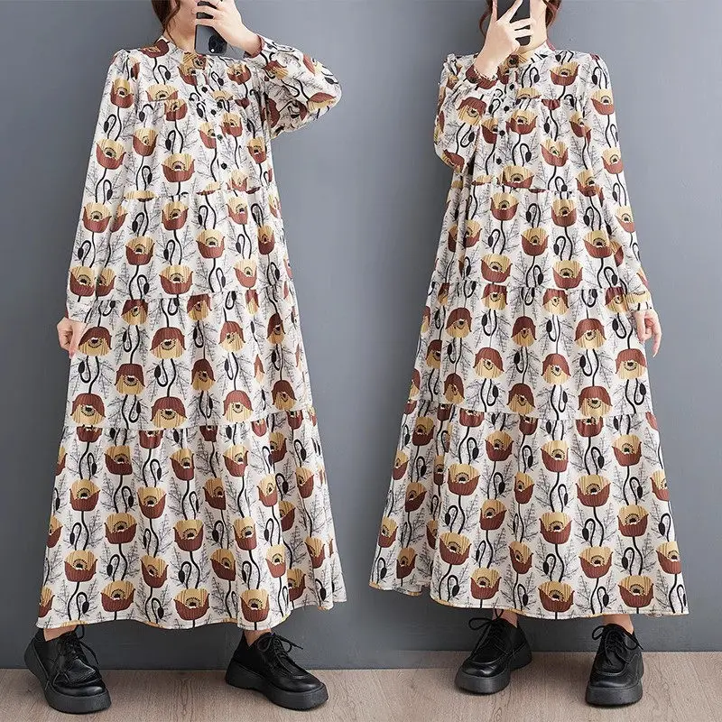 

2023 Korean Autumn Printe Dress Women Large Size Loose Slim Fashion Long Sleeve Printed Mid Length Casual Dress Z3233