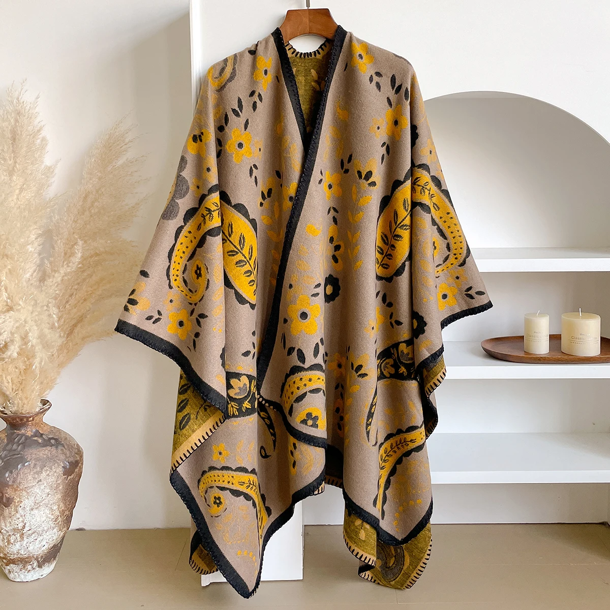 Brand Fashion Winter Warm Cashmere Scarf - Women's Floral Oil Painting Printed Pashmina Thick Shawl, Wrap & Echarpe