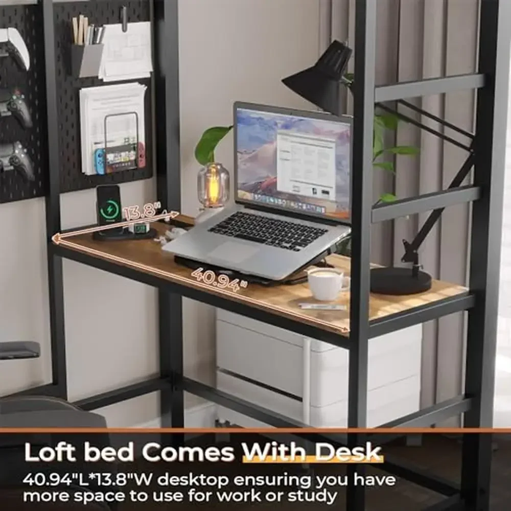 Twin Loft Bed Desk LED Lights Charging Station Storage Shelves Drawers Metal Frame Guardrails Safety Bed