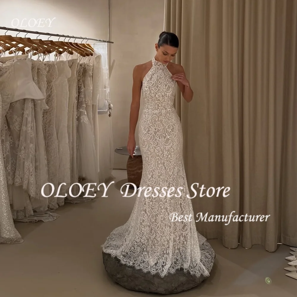 OLOEY 여성용 레이스 웨딩 드레스 2026 홀터넥 민소매 긴 신부 드레스 C..