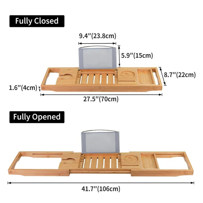 Utoplike Bamboo Bathtub Caddy Tray Bath Tray for Tub, Adjustable Bathroom Bathtub Organizer with Book Tablet Wine Glass Cup Towe