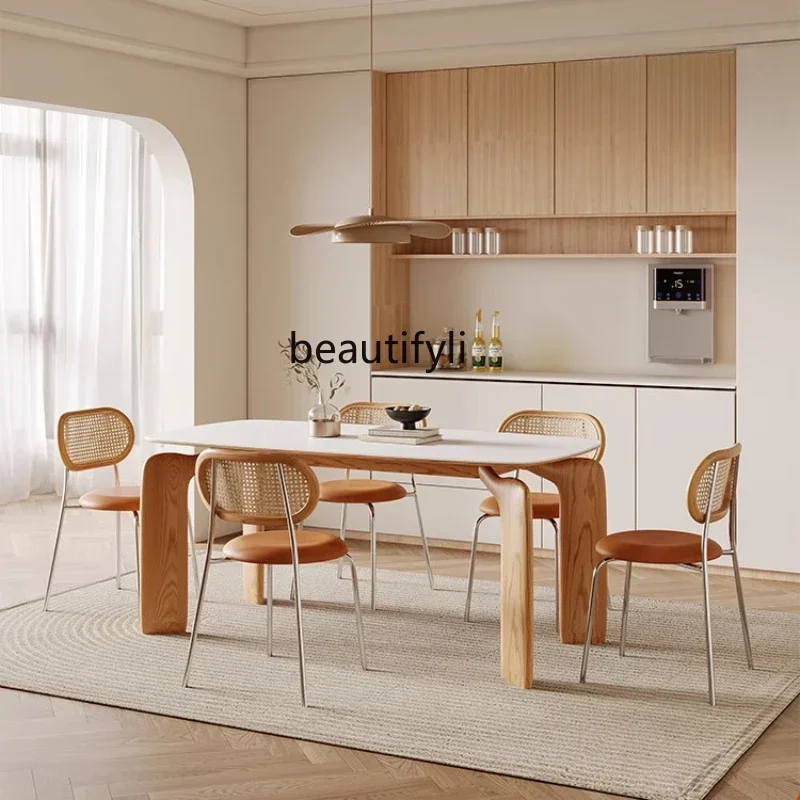 

Wood Cream Style Dining Table Household Table Rectangular Solid Wood Stone Plate Dining Table