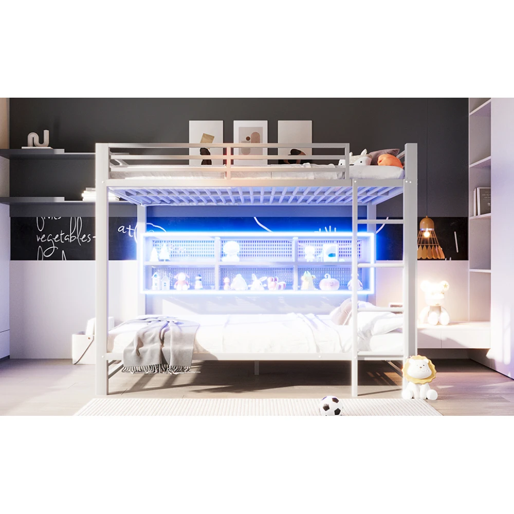 140 x 200 cm großes modernes Etagenbett mit 6 Aufbewahrungsschränken und LED-Lichtern, Babybett aus Metall mit Geländer, geeignet für Kinderzimmer – Detail 36