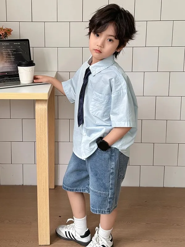 여름 캐주얼 데님 반바지 (남아용, 5-14세) 한국 스타일 중간 허리 높이 5부 길이 유행 아동복