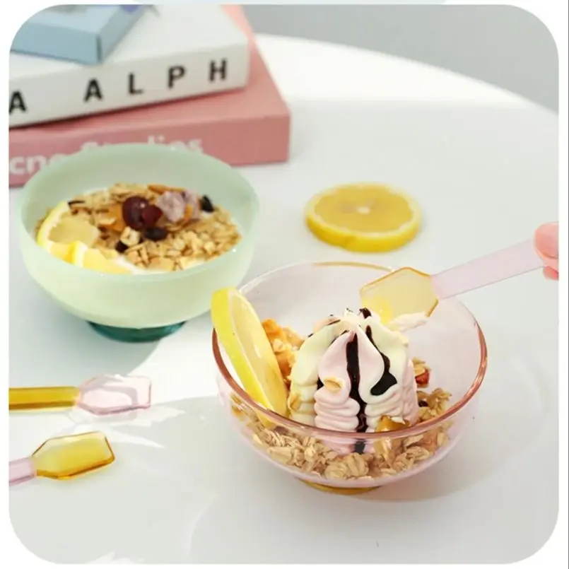 Glass dessert spoon Creative Color Dessert Glass Small Spoon High Temperature Cute Oatmeal Yogurt Round Spoon Coffee Mixing