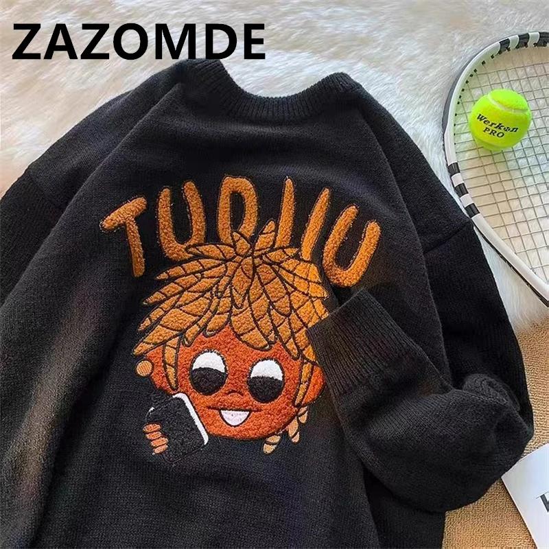 ZAZOMDE Autumn Men Fashion Street Sweaters Hip Hop Cartoon Embroidery Retro Pullover Knitted Tops Crew Neck Sweater For Man