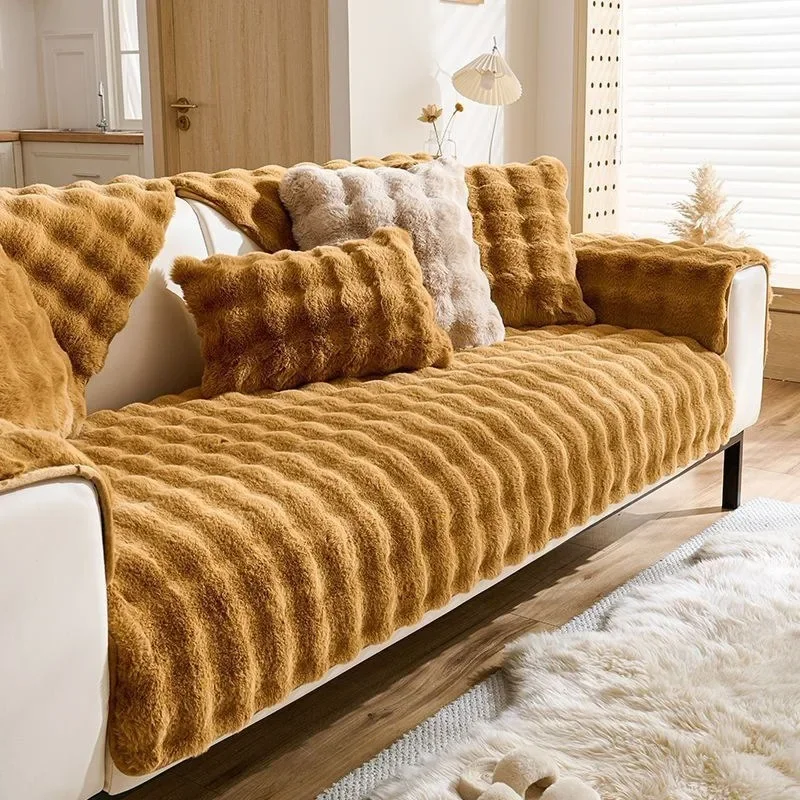 High Quality Rabbit Plush Sofa Cushion Precision Fabric Winter High-end Plush Cover Thickened Warm Anti Slip Seat L Sofa Towel 6
