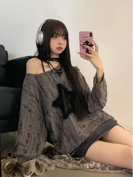 Hole Star Loose Y2K T Shirt Women O Neck Drawstring Long Sleeve Tees Fashion Streetwear Kpop Pullover Tops Female T-shirts 1