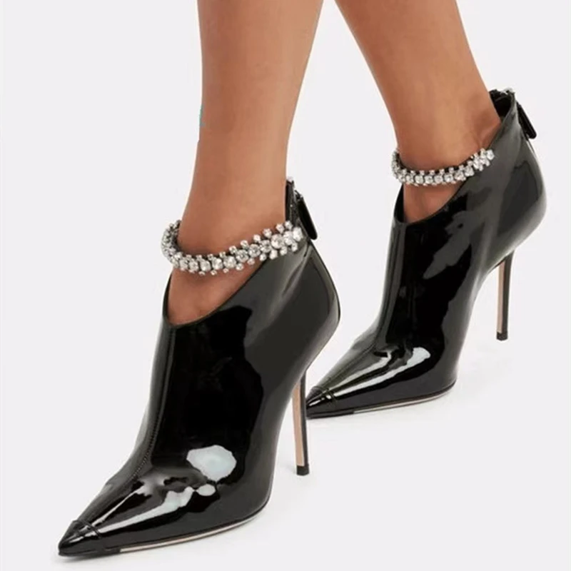 High Heel Women's Booty Ankle Diamonds Strap Pointed Toe Ankle Boots Patent Leather Back Zipper Black Shoes Size 45
