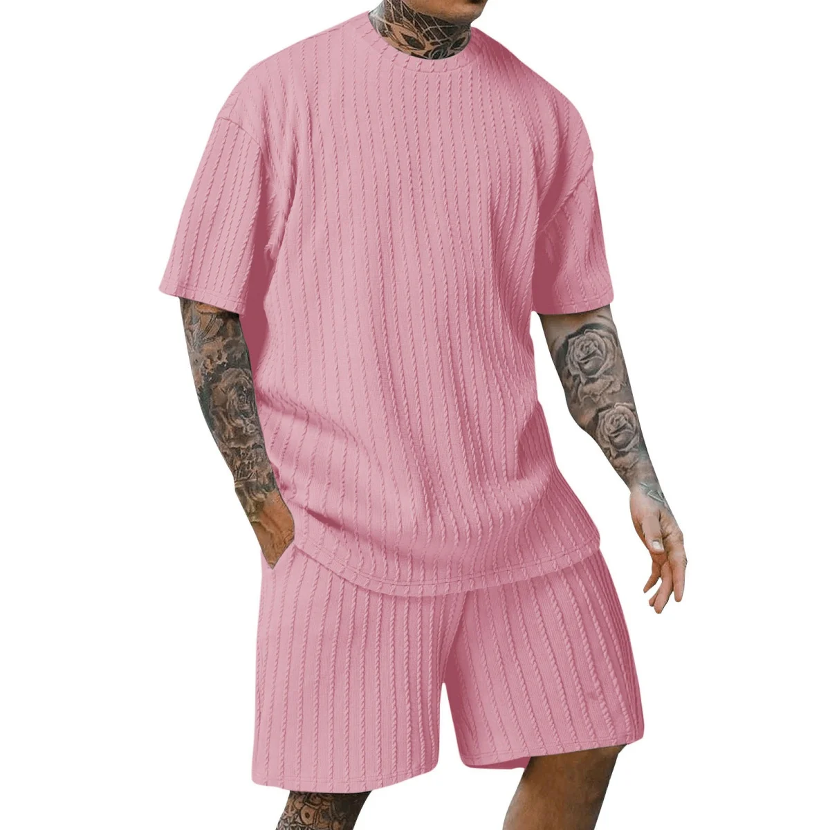 Men's new fashion summer sports solid color crew-neck vertical stripe T-shirt shorts short-sleeved suit 4