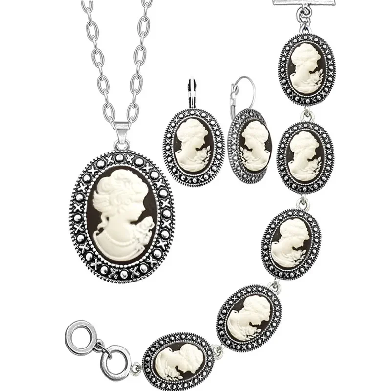 Jewelry Sets Cameo Jewelry Set Antique Silver Plated Necklace Earrings Bracelet