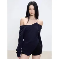American Chain Sweatshirt for Women Long-sleeved Slim Top Pleated Slanted Collar Irregular Slimming Shoulders Trendy