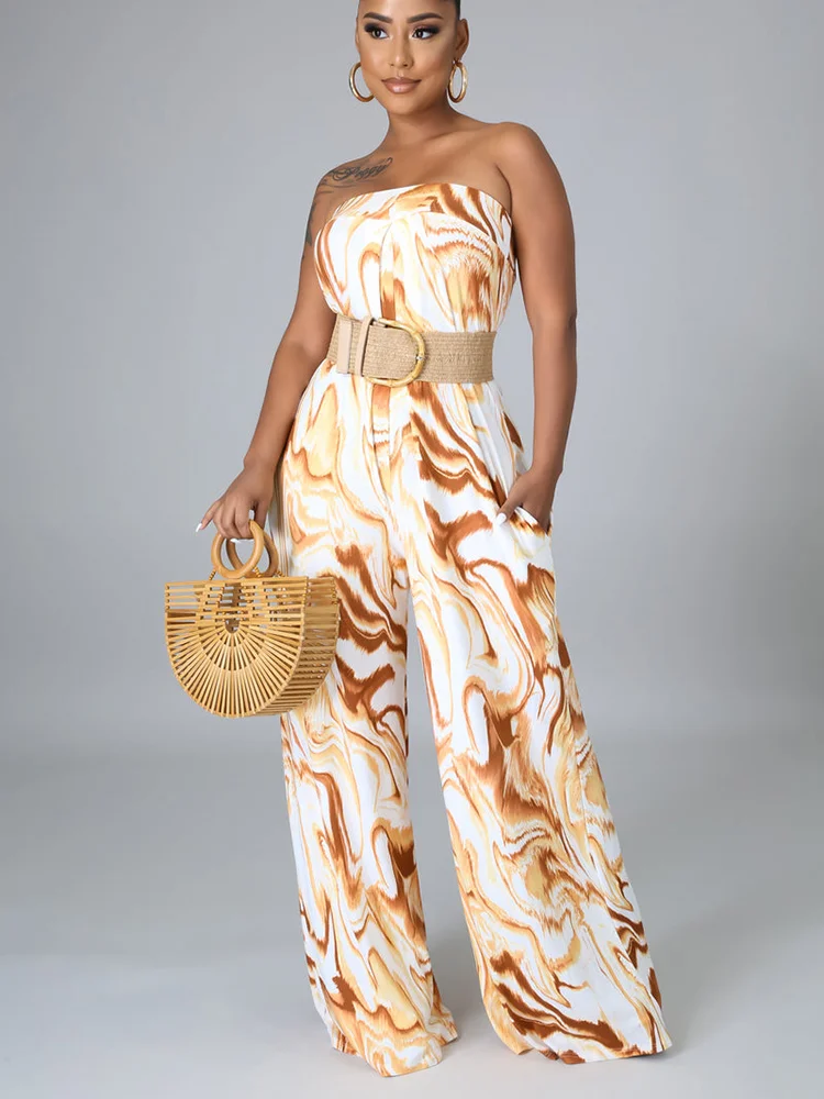 

Fashion Abstract Print Off The Shoulder Pocket Design Bra Print Jumpsuit