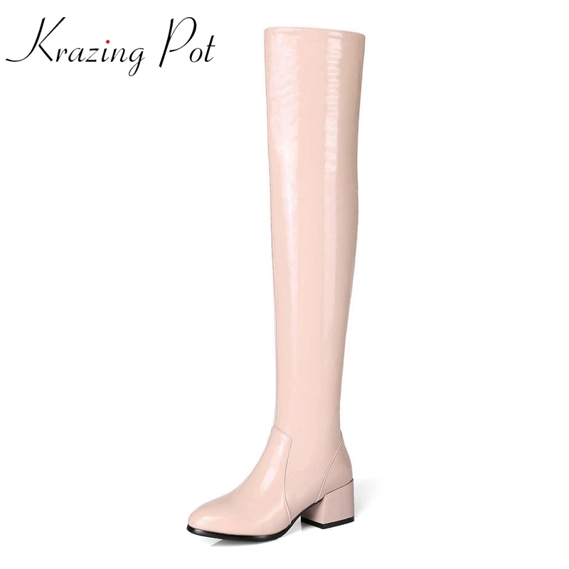 Krazing Pot Big Size Genuine Leather Round Toe High Heel Stretch Boots 