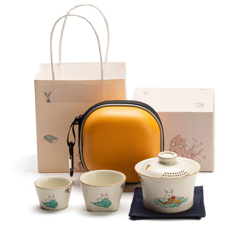 Portable Tea Set with Cover Bowl, Quick Cup, Travel Tea Set, Business partner Gift, One Pot, 3 Cup, Storage Bag