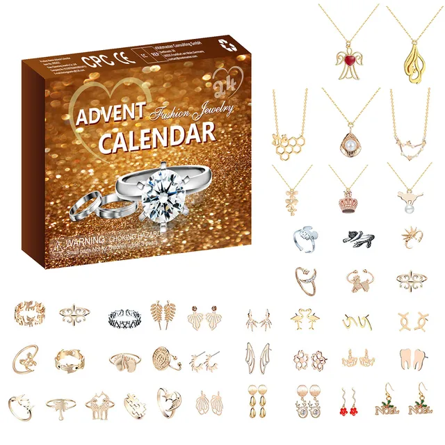 Advent Calendar 2024 Christmas Party Finger Rings Earring Necklace for 24 Days Countdown Festive Atmosphere Enhancer Jewelry Kit 1