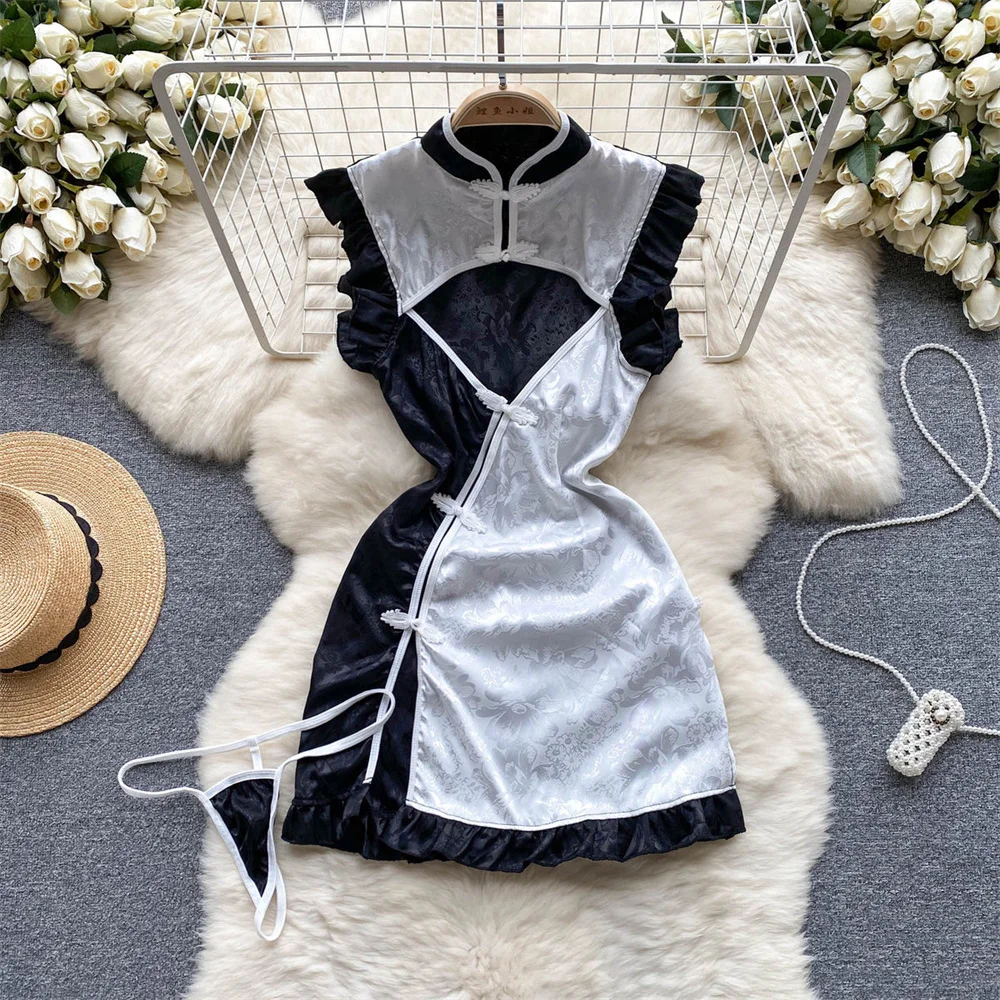 V-Neck Sexy See-through Short Sleeved Cosplay Sailor Uniform Hollowed Out Slit Lace Up Jumpsuit Sweet Slim Fit Bodysuit Rompers