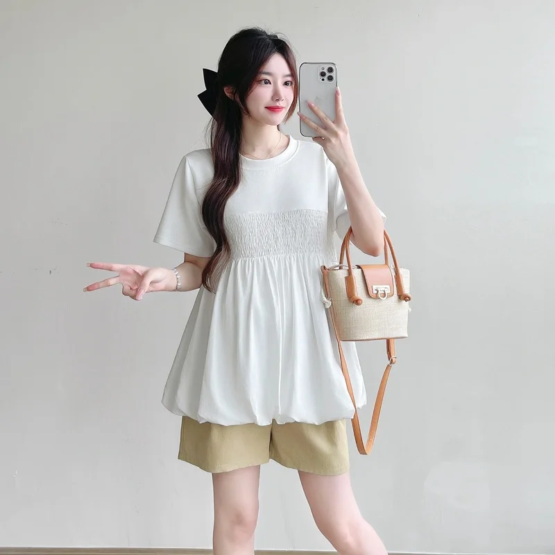 세련된 임부복 여름 신상품 라운드넥 반팔 베이비돌 셔츠 세트 꽃무늬 러플 밑단 코튼 블렌드