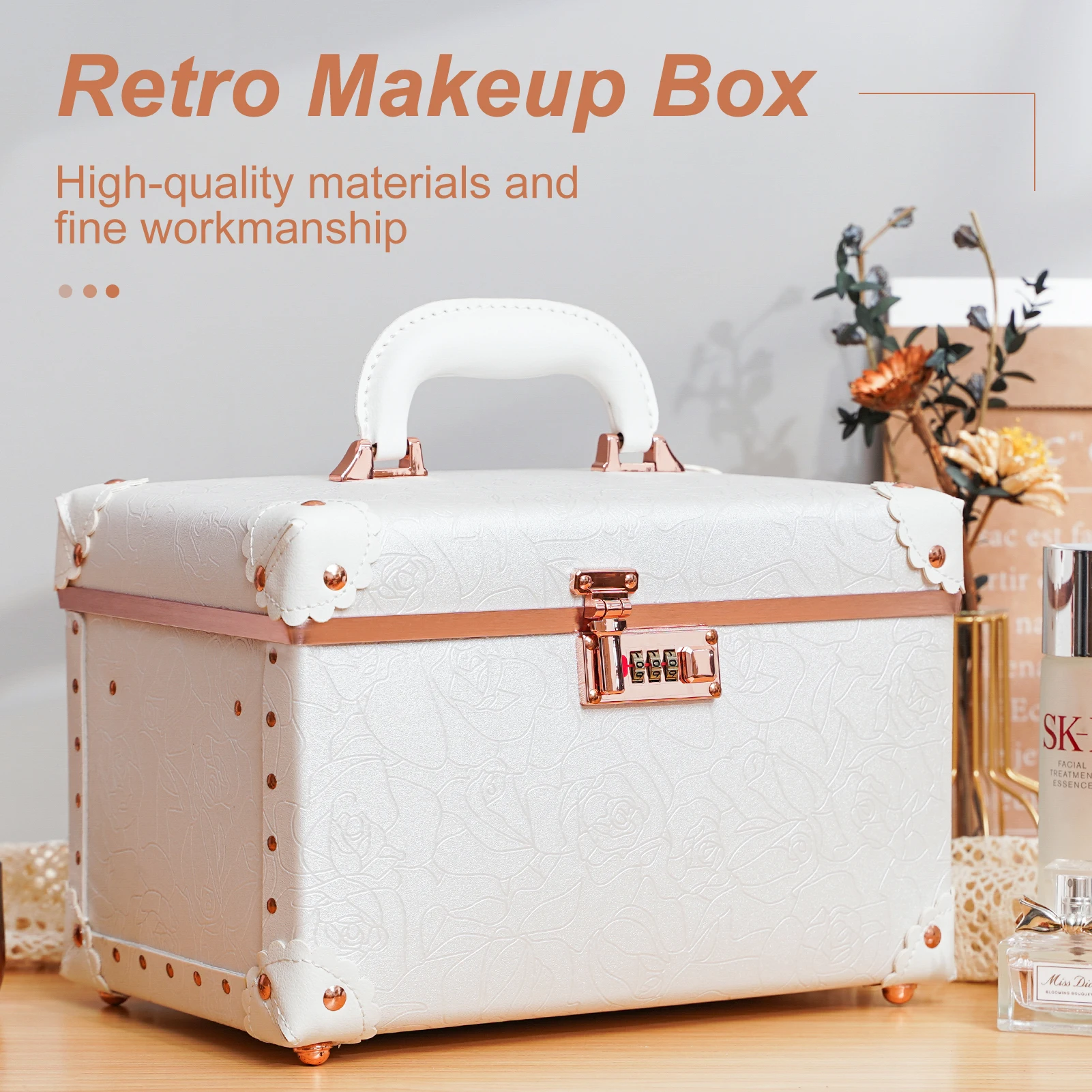 

urecity Portable Retro Leather Makeup Train Case Cosmetic Organizer Case Leather Storage Box with Combination Lock