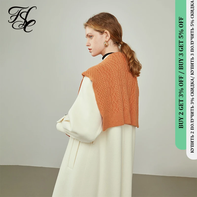 FANSILANEN Women Retro Sweater Scarf Winter Dual-use All-match Cable Knit Shawl Coat Women's Orange Long Fashion Solid | Женская