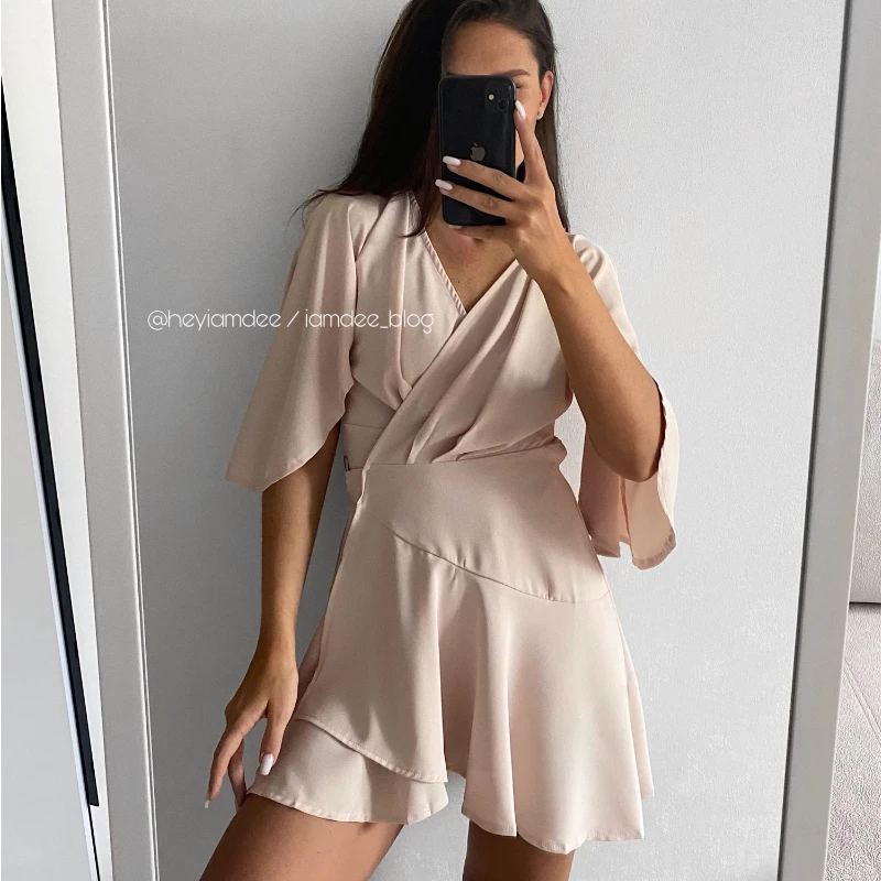 

2023 European and American Summer Women's Popular V-neck Ruffle Wrap Lace Dress