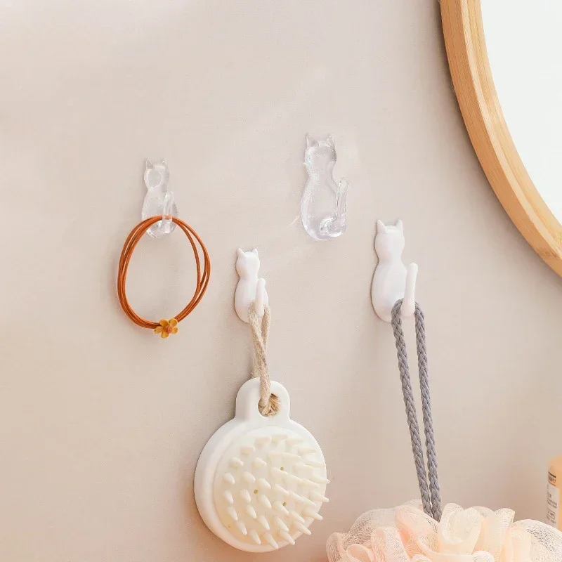2PCS Waterproof Strong Adhesive Hooks for Bathroom Plastic Cat Wall Sticker Wall Door Hanger For Kitchen Transparent Towel Hook 3