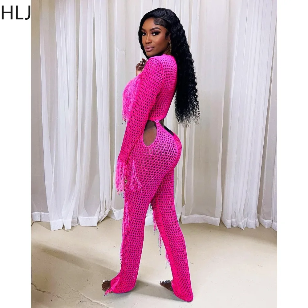 HLJ Fashion Hollow Out Hole Tassels Knitting Jumpsuits Women O Neck Long Sleeve Splicing Playsuits Female Solid Slim Overalls