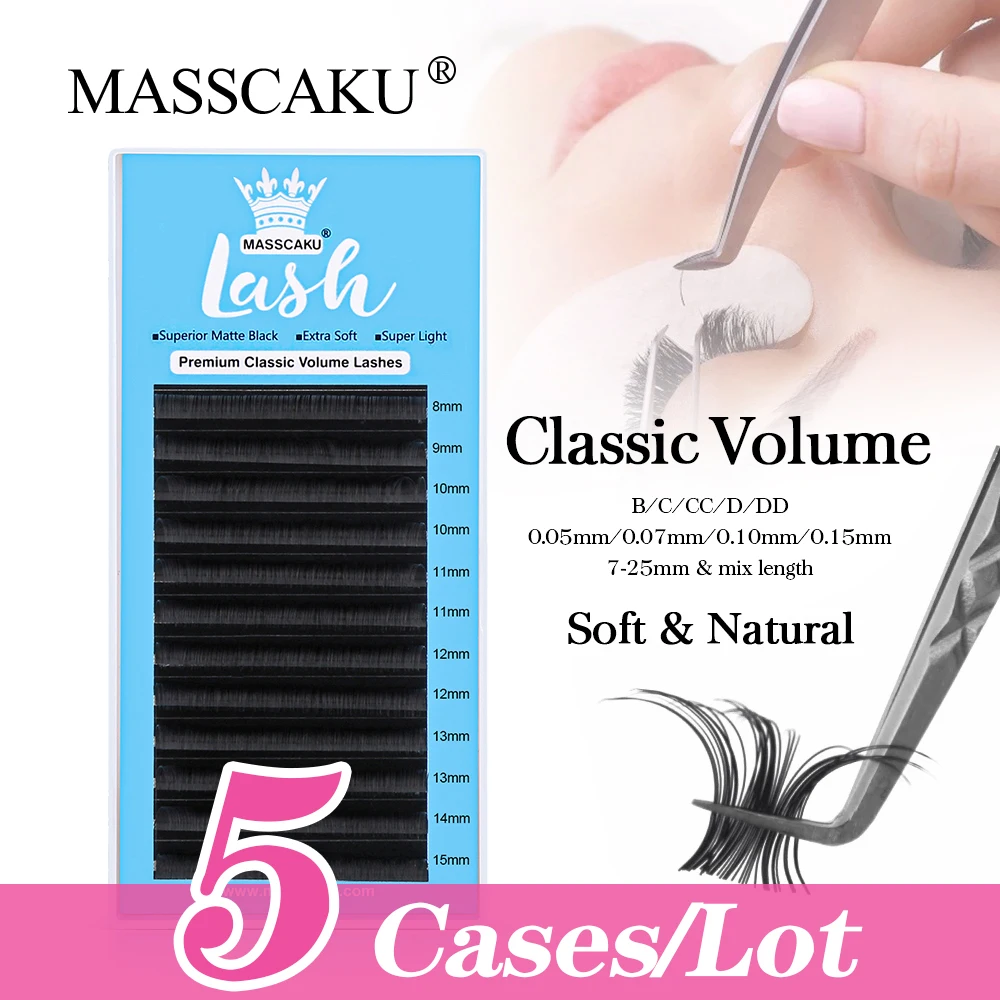 

MASSCAKU 5cases/lot 12 Rows 8-15mm Mixed Length Classic Makeup Eyelash Korea PBT Fiber Professional Natural Look Lash Extension