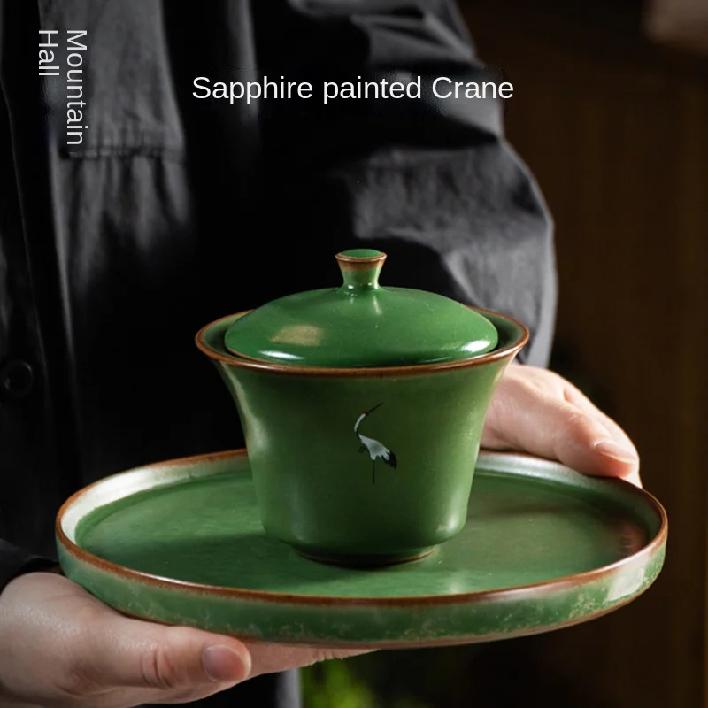 Landscape Sapphire Crane Tureen Ceramic Large Three-Piece Tea Bowl Hostess Tea Cup Kiln Baked Teaware Cup Bowl