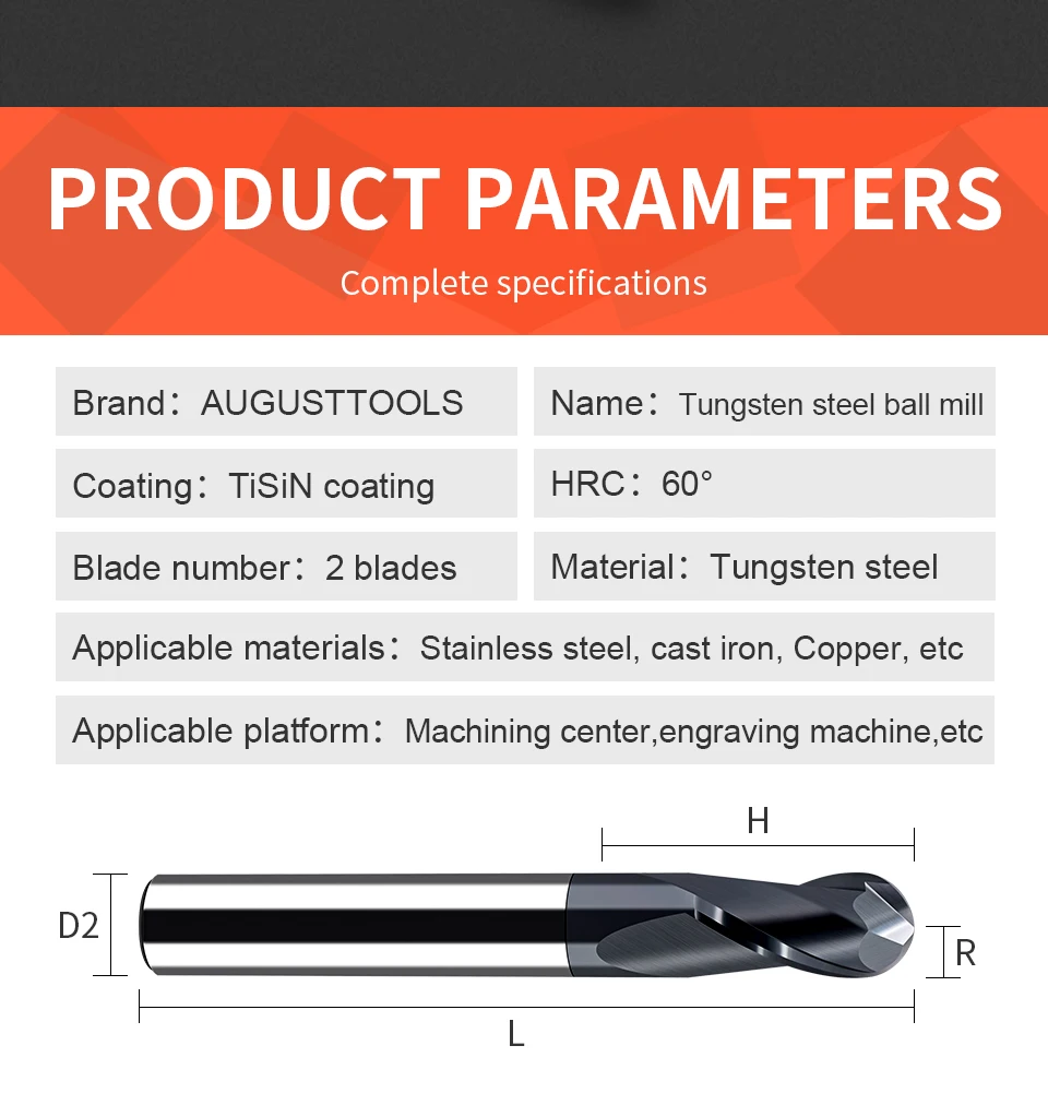 Augusttools HRC60 Hartmetall-Kugelkopffräser, 2-Nuten-Fräser aus Wolframkohllegierung, Radius R0,5 R1 R2 R3 R4 R5 R6 Schaftfräser – Detail 11