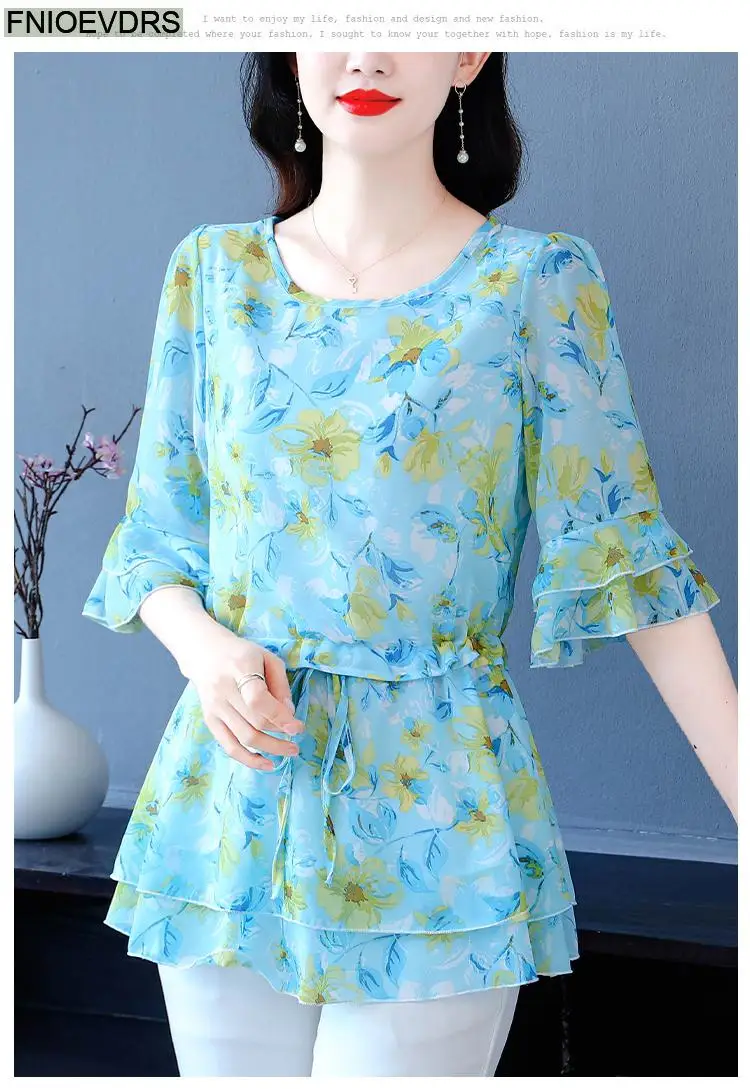 S-4XL Loose Clothes 2023 Women Summer Slim Waist Drawstring Ruffles Shirts Casual Chiffon Floral Tunic Peplum Tops And Blouses