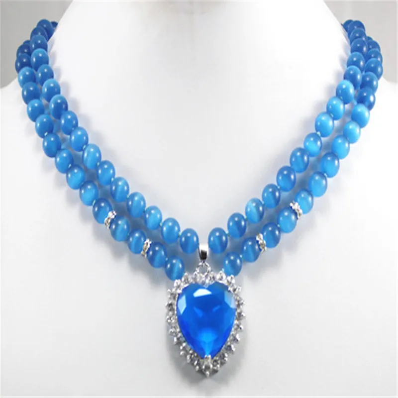 

Noble 2 Row 8MM sky blue cat's eye stone blue crystal Pendant fashion Jewelry necklace