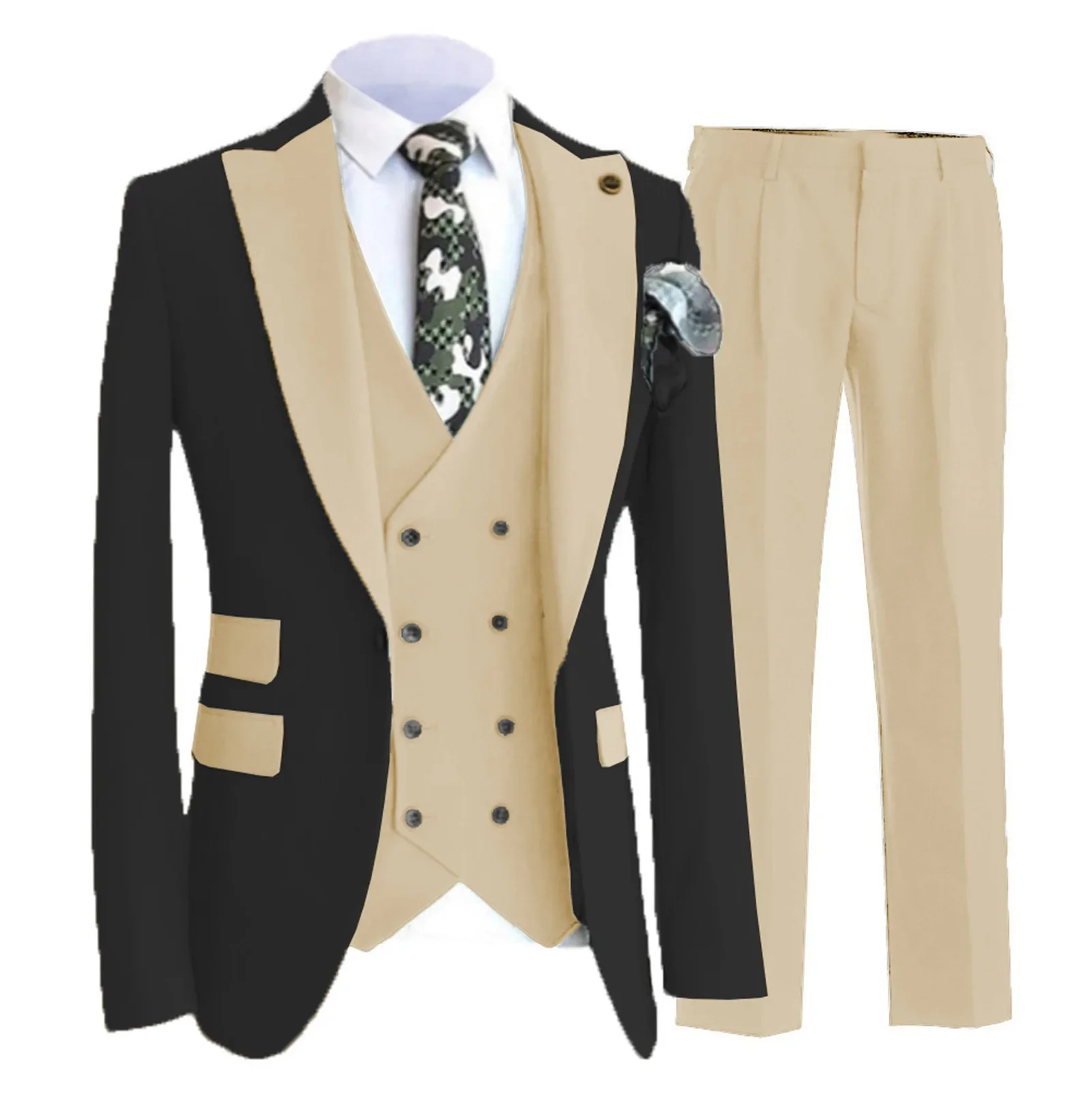 Men's Suit Brown 3 Pieces Slim Fitting Lapel Black Coat Suitable For Wedding Banquet Groom Wedding  Jacket Vest With Pants
