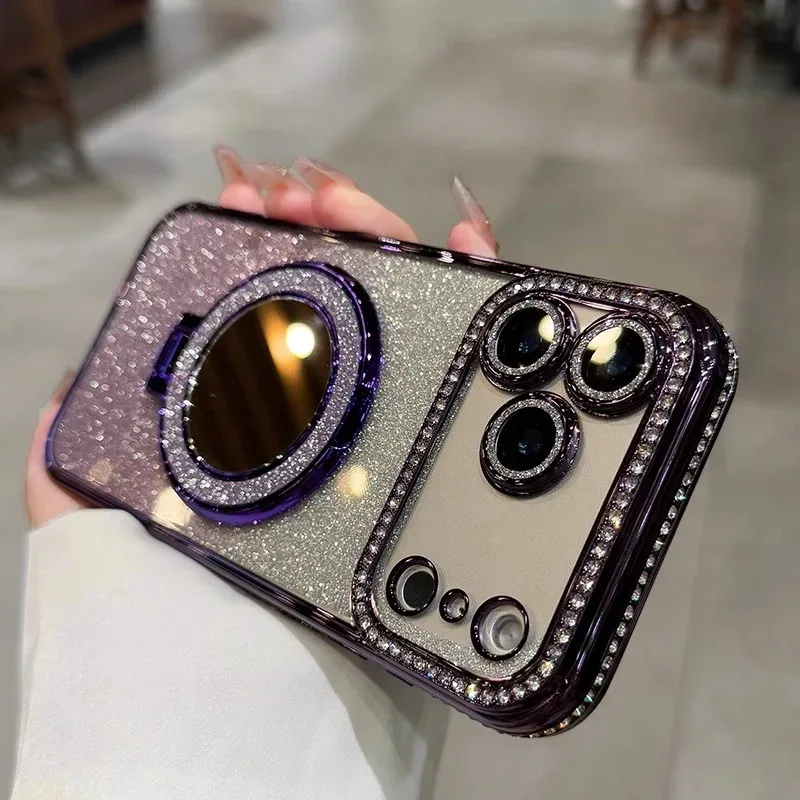 Luxury Diamond Clear Glitter MagSafe Case with Mirror Magnetic Phone Holder and Stand